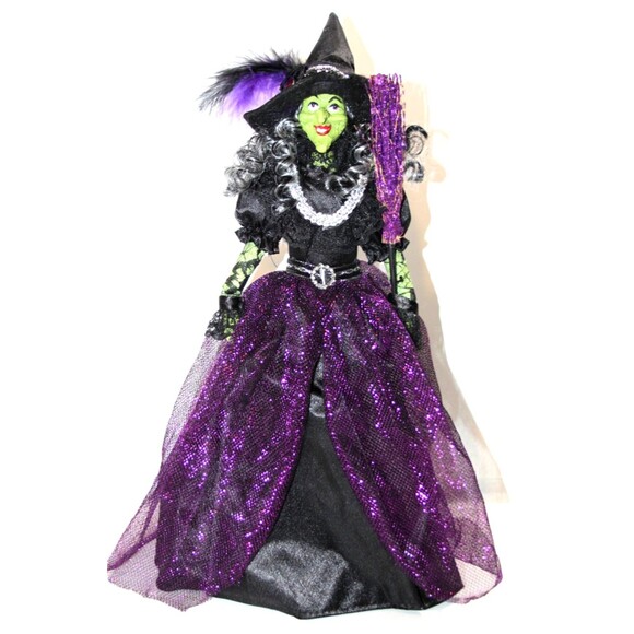 Halloween Witch Purple Black Green Face Tree Topper Table Top Figurine Decor 16" - Picture 1 of 7